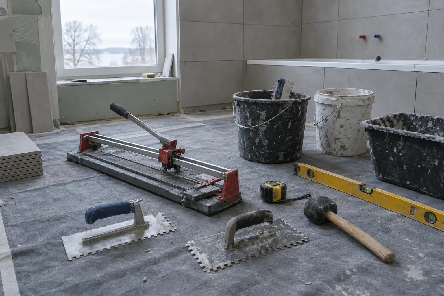 Plaatija tööriistad kaitsekattel: plaadilõikur, hammaskellud, lood, kummihaamer ja ämbrid
