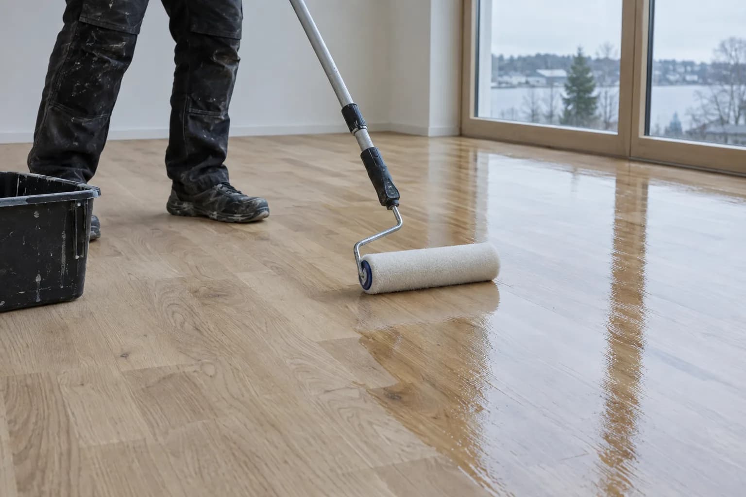 Äsja lihvitud heledale tammeparketile rullitakse varrega rulliga läbipaistvat lakki
