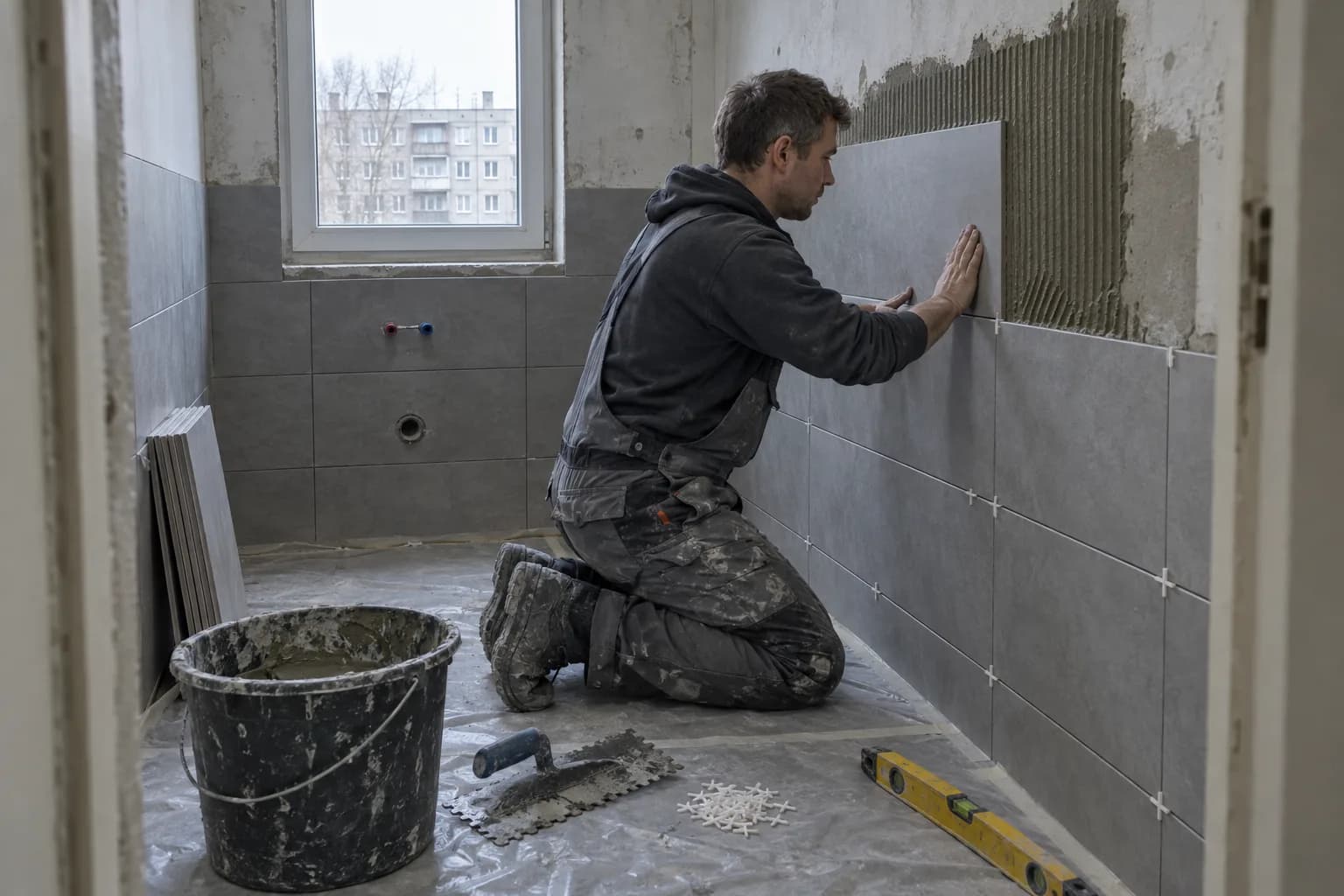 Plaatija paigaldab paneelmaja vannitoas seinaplaati, põrandal ämber, hammaskellu ja lood